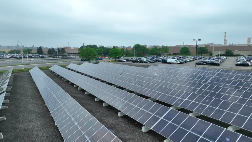 Solar panels at electric car manufacturing plant. Aerial tilt down at General Motors Factory Zero in Detroit, Michigan.