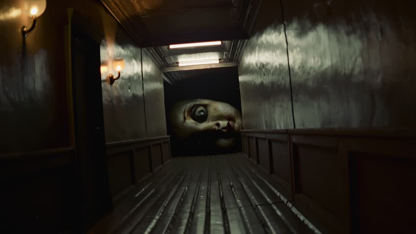Walking toward a giant creepy doll head monster at the end of dark corridor. Yokai doll with scary eyes. Horror, frightening video. Cinematic, horror movie style. Halloween nightmare scene. Royalty-Free Stock Footage #1106709389
