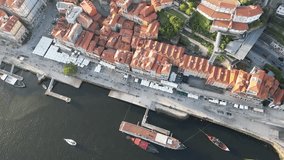 Drone shot looking down over the river in Porto Portugal.