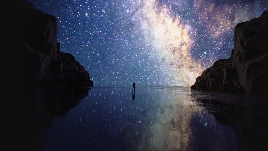 Silhouette of a man looking at the beauty of universe, stars and milky way. Zoom in. Infinite universe. Edge of the world. Looking into the future. Power of imagination. Cinematic concept clip. Royalty-Free Stock Footage #1106712245