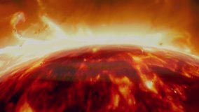 Approaching the sun. Defocused background. Close-up of the surface of the sun. Astrophotography clip. Heat and solar energy concept video. Giant solar flares and coronary mass ejection. Space travel.