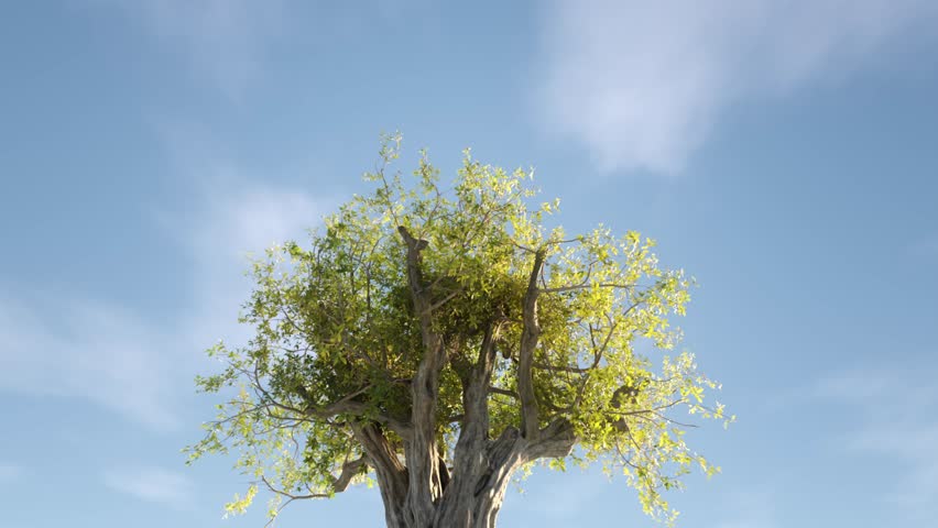 Mythical and symbolic tree of life or tree of knowledge. Drone flight through the tree.Beauty of nature, ecology concept. Bright blue sky, vivid color, colorful. From long shot to extreme closeup. 
