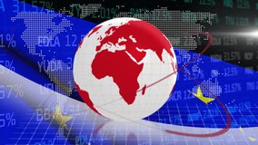 Animation of globe, data processing over flag of european union. Global computing, europe, connections, digital interface and data processing concept digitally generated video. - Powered by Shutterstock - Get 15% off with code: PIKWIZARD15