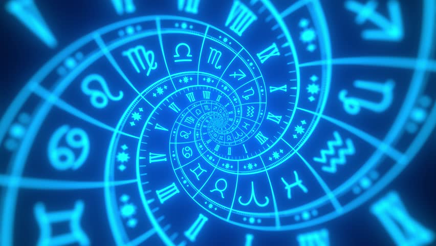 Zodiac spiral and signs of the zodiac in space. Astrology, horoscopes and prediction of the future concept. Abstract animation in blue color. Seamless loop. 3D Illustration | Shutterstock HD Video #1106713067