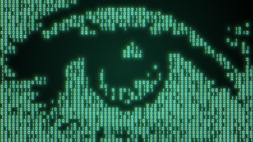 Green halftone digital cyber eye abstract background. Machine learning. Artificial intelligence and futuristic big data technology. Binary coding and spying concept