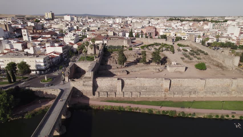Unesco heritage site Alcazaba of Merida, low angle, aerial orbit. Badajoz, Spain