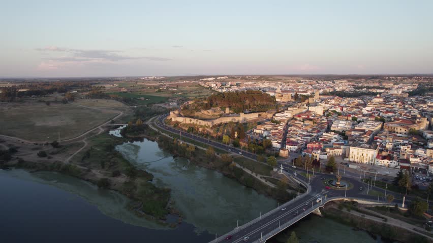 Town Badajoz in Spain with medieval old town and fortress castle walls, aerial