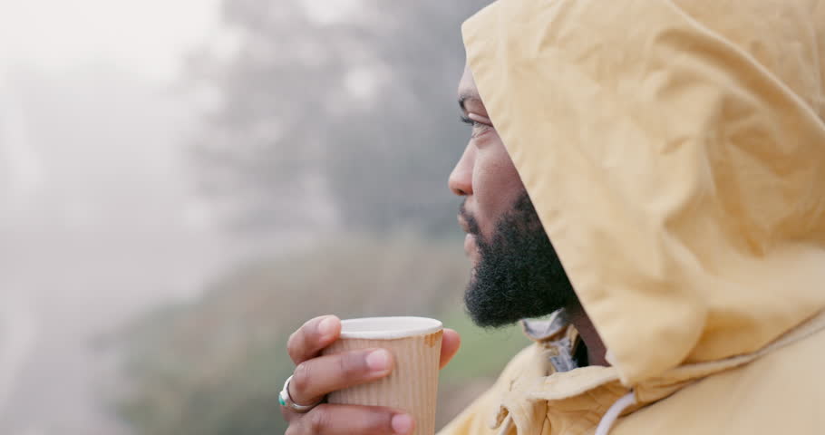 Coffee cup, nature and face of black man relax with drinks, cacao beverage or hot chocolate in winter rainforest. Tea mug, freedom or African person smell warm liquid, matcha scent and wellness aroma Royalty-Free Stock Footage #1106715707