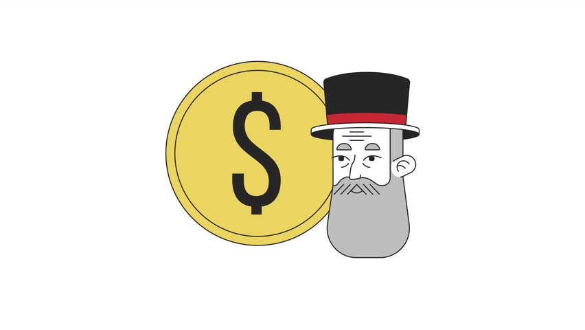 Top hat capitalist with dollar coin line 2D animation. Elderly beard banker with gold coin 4K video motion graphic. Money man old fashioned linear animated cartoon flat concept, white background | Shutterstock HD Video #1106715987