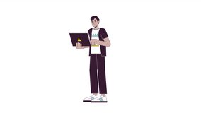 Graphic designer working on computer line 2D animation. Digital artist typing keyboard notebook 4K video motion graphic. Freelance working linear animated cartoon flat concept, white background