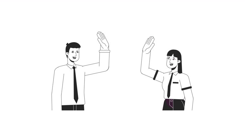 Corporate team building bw animation. Animated characters office people give high five. Monochrome 2D flat outline cartoon 4K video, white background, alpha channel transparency for web design