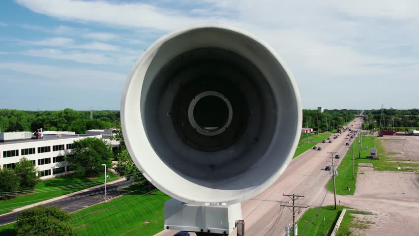 Aerial of Emergency Tornado Siren. seek shelter when activated. Horn pole for population of the city about emergency situations. Plainfield Illinois USA - Drone Aerial 4k