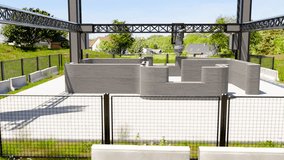 3d printing single-family house with concrete, timelapse video. New technology house building using a modern CNC machine