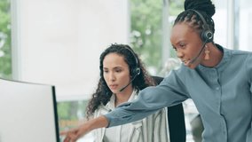 Call center, training and business women on computer, technical support or advice, helping and IT solution. Professional consultant, manager or people for information technology software and feedback - Powered by Shutterstock - Get 15% off with code: PIKWIZARD15