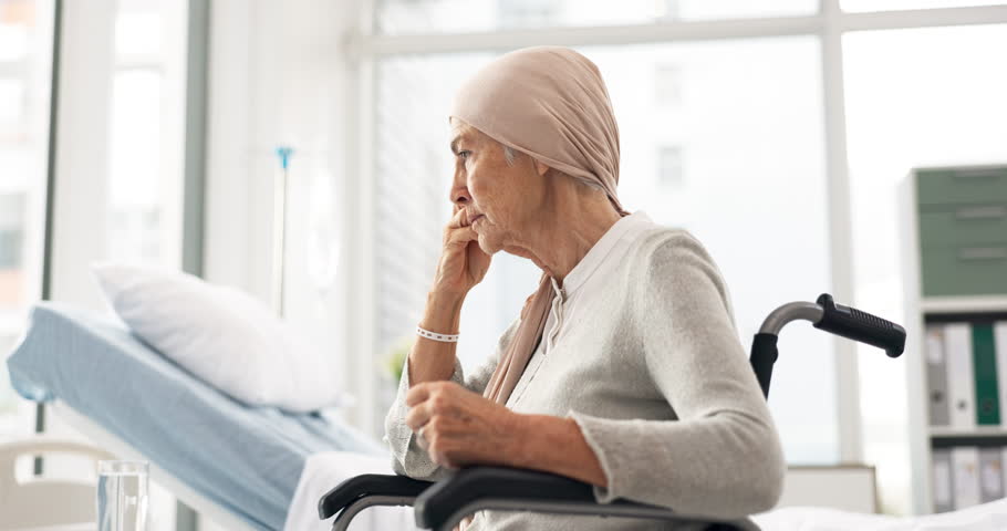 Depression, cancer and angry elderly woman at hospital in wheelchair frustrated after chemotherapy or treatment. Health, senior care and lady patient with disability, sick or disease and Parkinson