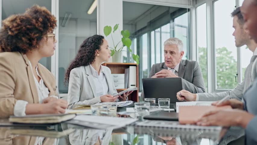 Business people, manager and meeting for financial discussion, listening to proposal and feedback or advice. Accountant woman, group questions and corporate CEO with documents, information and agenda Royalty-Free Stock Footage #1106727457