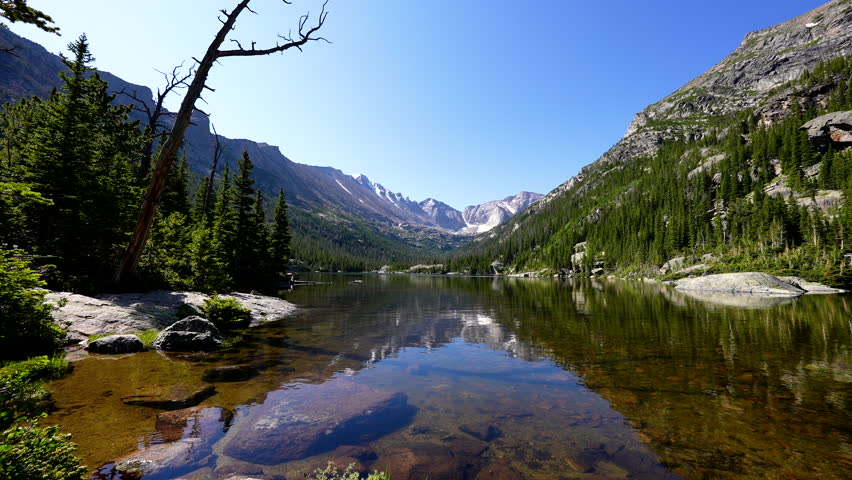 wide shot of clear rocky mountain lake with reflection of peaks on clear blue sky and clear glacial pure water