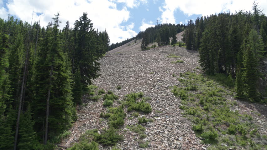 Aerial over talus field on mountain slope lined with pine trees in northern Idaho in summer