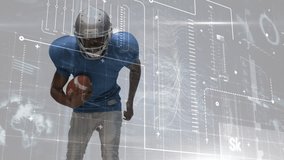 Animation of data processing over diverse american football players tackling for ball. Sport, competition, communication and digital interface concept digitally generated video.