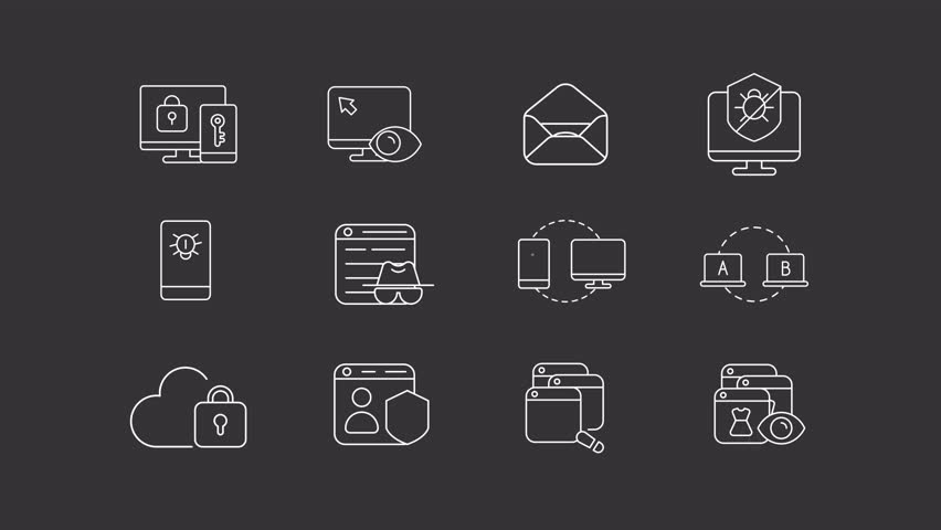 Online surveillance animation set. Internet security animated white line icons. Data collection. Information gathering. Isolated illustrations on dark background. Transition alpha. HD video. Icon pack