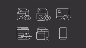 User behavior animation library. Data collection animated white line icons. Eye tracking. Online advertising. Isolated illustrations on dark background. Transition alpha. HD video. Icon pack