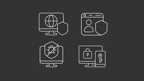 Online security animation library. Fraud protection animated white line icons. Anti virus. Data privacy. Cyber threat. Isolated illustrations on dark background. Transition alpha. HD video. Icon pack