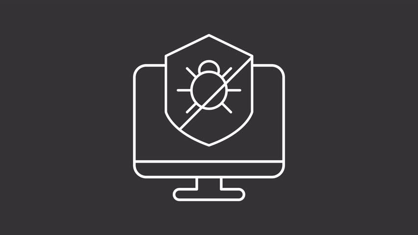 Antivirus software white animation. Computer monitor and shield with bug line animated icon. Anti virus. Cyber threat. Isolated illustration on dark background. Transition alpha video. Motion graphic Royalty-Free Stock Footage #1106734803