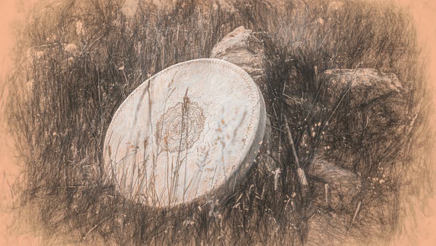shamanic drum in nature, shamanic drum made of deer goat. Loop Animation.