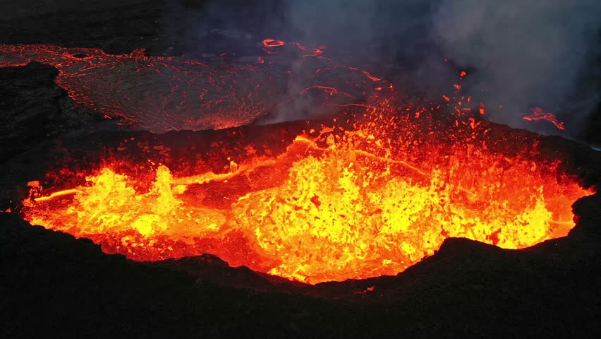 Beautiful aerial panoramatic view of active volcano, Litli - Hrutur, Iceland 2023