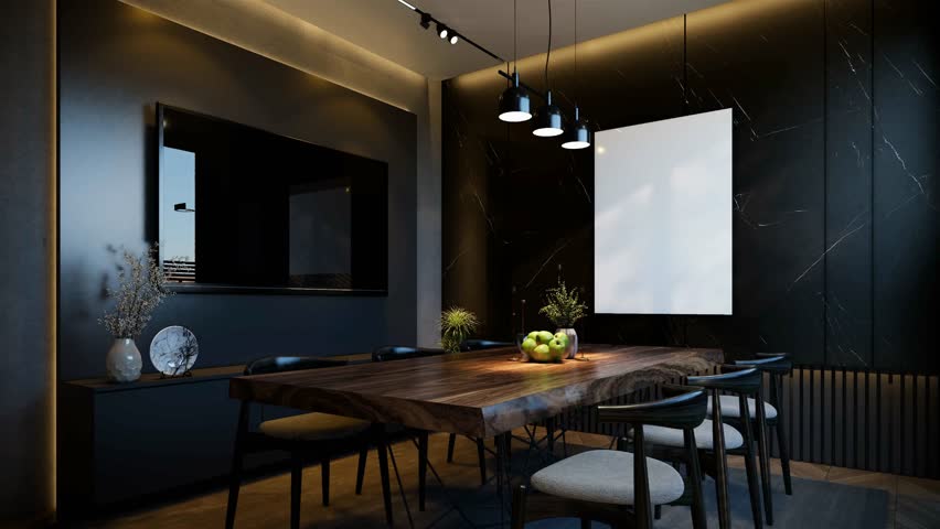 Minimal dining room interior with black tones animation. 3D illustration rendering