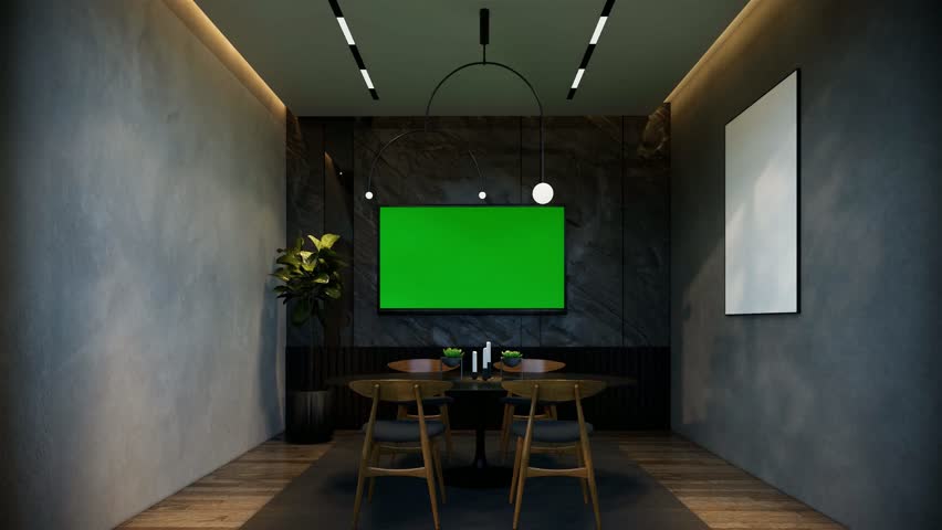 Minimal dining room interior with black tones animation. 3D illustration rendering