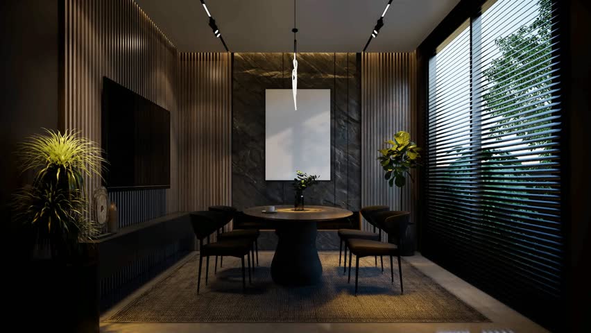 Minimal dining room interior with black tones animation. 3D illustration rendering