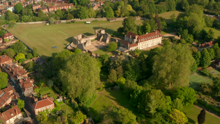 Pan down aerial shot over Wolvesey palace Winchester