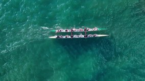 Aerial drone bird's eye view video of sport canoe operated by team of young women in green clear waters