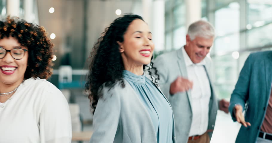 Work dance, celebration and diversity of business people together for team building, party or energy. Happy, office and corporate employees dancing for company event, social or excited workplace