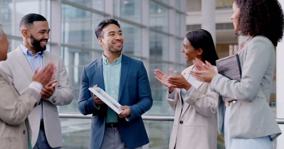 Business people, certificate and applause with achievement, celebration and service award with goals. Staff, Asian man or happy group clapping, success and support with growth, development and praise Royalty-Free Stock Footage #1106748349