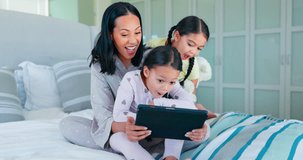 Tablet, funny and mother with children in bedroom, bonding or streaming movie, film and laugh at video on internet in home. Technology, mom and happy kids smile on bed for social media in the morning
