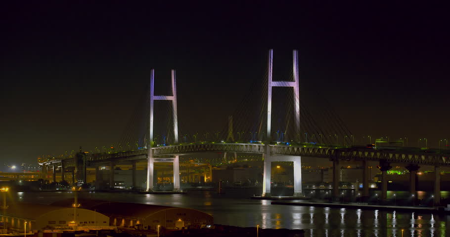 Bay Bridge and Port of Yokohama at night Zoom in