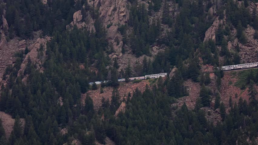Train Going Through Mountains on Railroad in Boulder, Colorado, Eldorado Canyon Mountain Travel, Train Railway in Mountains in Colorado
