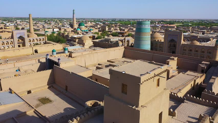 Aerial view of old town of Khiva city Uzbekistan with many mosques. Historic cite of UNESCO World Heritage