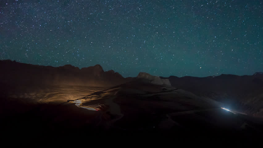 Timelapse of road traffic moves under the starry sky in Ladakh, India.