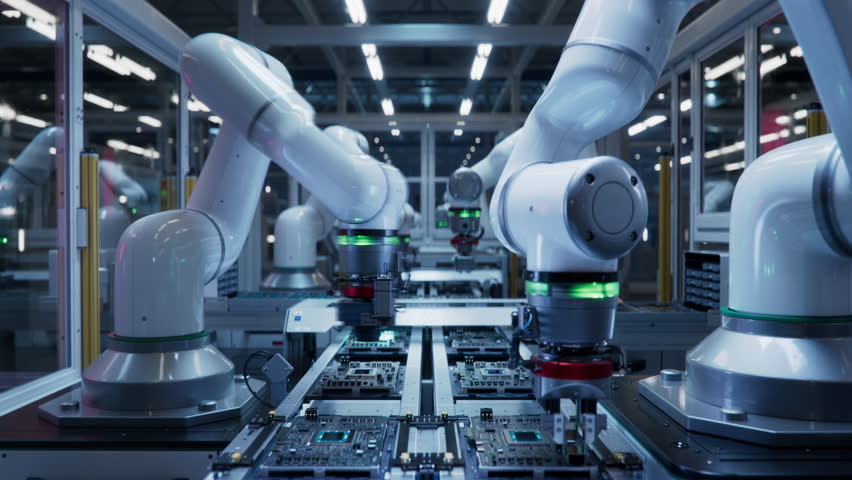 Conveyor with Advanced High Precision Robot Arms at Electronics Manufacturing Factory. Automated PCB Assembly Line. Component Installation on Circuit Board. Semiconductor Production Industry