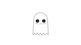 Sad kawaii ghost floating bw outline 2D character animation. Mysterious cute poltergeist monochrome linear cartoon 4K video. Curious Halloween spirit levitating animated element isolated on white