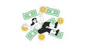 Growing wealth bw 2D animation. Happy girl with money 4K video motion graphic. Wealthy lifestyle. Winner woman. Earning cash monochrome outline animated cartoon flat concept, white background