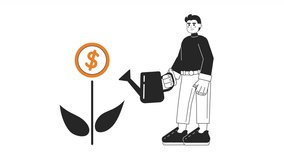 Business investment growth bw 2D animation. Businessman watering money tree 4K video motion graphic. Investor banker pouring water monochrome outline animated cartoon flat concept, white background