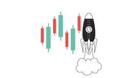 Stock market trends bw 2D animation. Trading candlesticks stocks with rocket take off 4K video motion graphic. Buying and selling monochrome outline animated cartoon flat concept, white background
