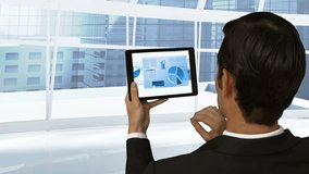 Animation of network of digital icons over rear view of caucasian businessman using tablet at office. Global networking and business technology concept - Powered by Shutterstock - Get 15% off with code: PIKWIZARD15