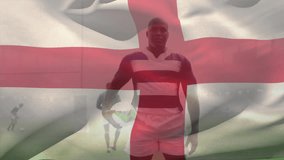 Animation of england flag waving over african american male player holding rugby ball against sky. Digital composite, sports, competition, championship, patriotism and pride concept. - Powered by Shutterstock - Get 15% off with code: PIKWIZARD15