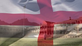 Animation of england flag waving over diverse male players playing rugby on sports ground. Digital composite, sports, competition, championship, team sport, patriotism and pride concept. - Powered by Shutterstock - Get 15% off with code: PIKWIZARD15
