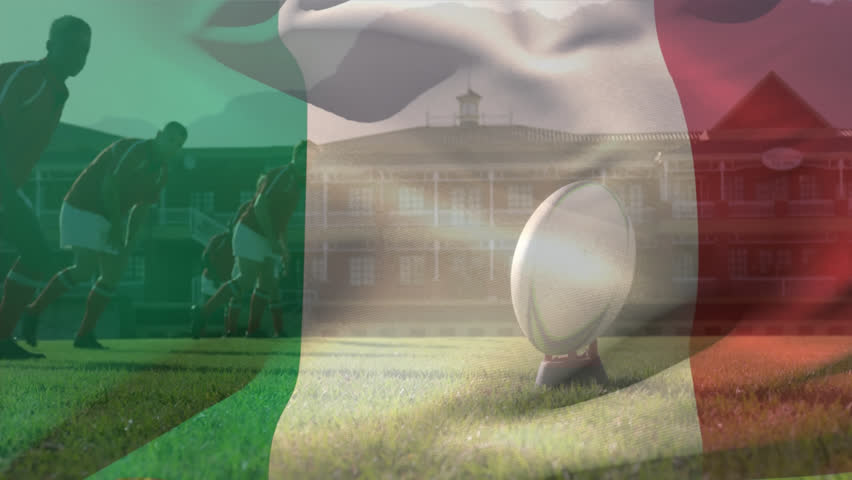 Animation of italian flag waving over diverse male players playing rugby on ground at stadium. Digital composite, sports, competition, championship, team sport, patriotism and pride concept. - Powered by Shutterstock - Get 15% off with code: PIKWIZARD15